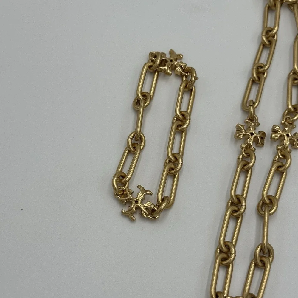 TORY BURCH Gold Roxanne Choker Chain Link Necklace And Bracelet 18k Plated